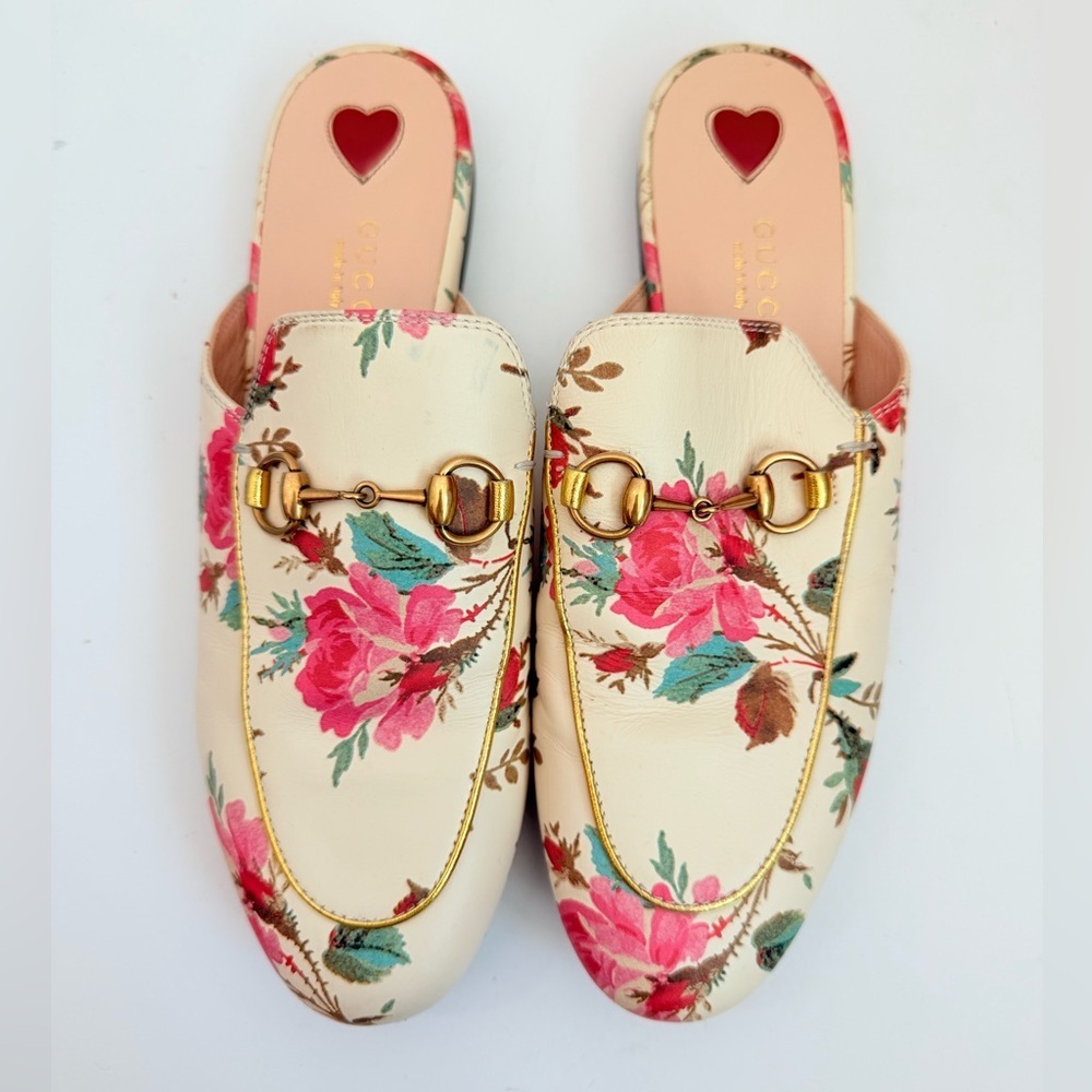 Gucci Cream Floral Leather Horsebit Mules with Pink Accents